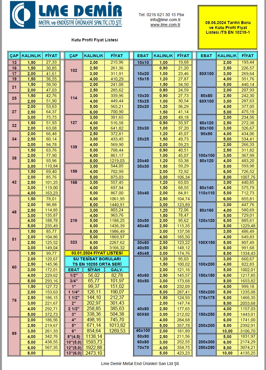 LME Demir Kutu Profil Fiyat Listesi - 08-06-2024